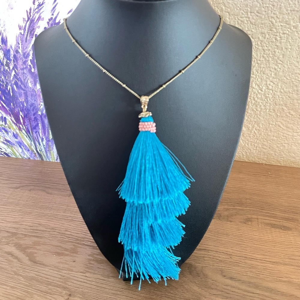 Blue Green Tassel Necklace